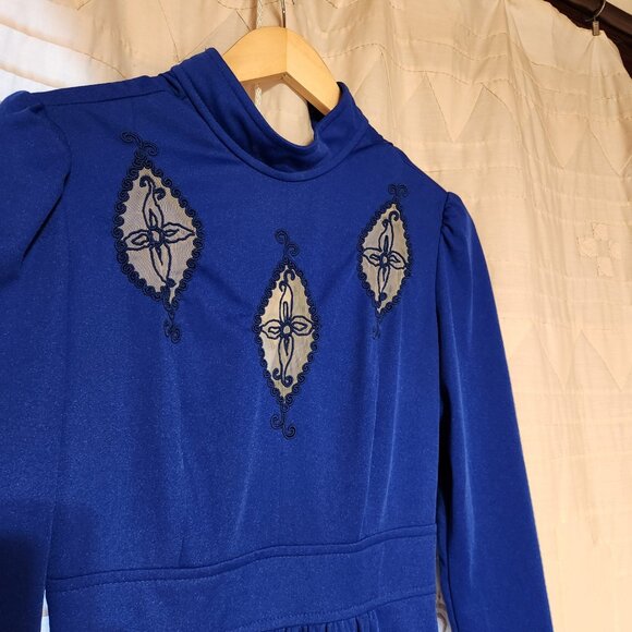 👑 VTG 70s Mikey Jrs Maxi Gown Royal Blue Ruffle High Collar Formal 💙 - Picture 4 of 9